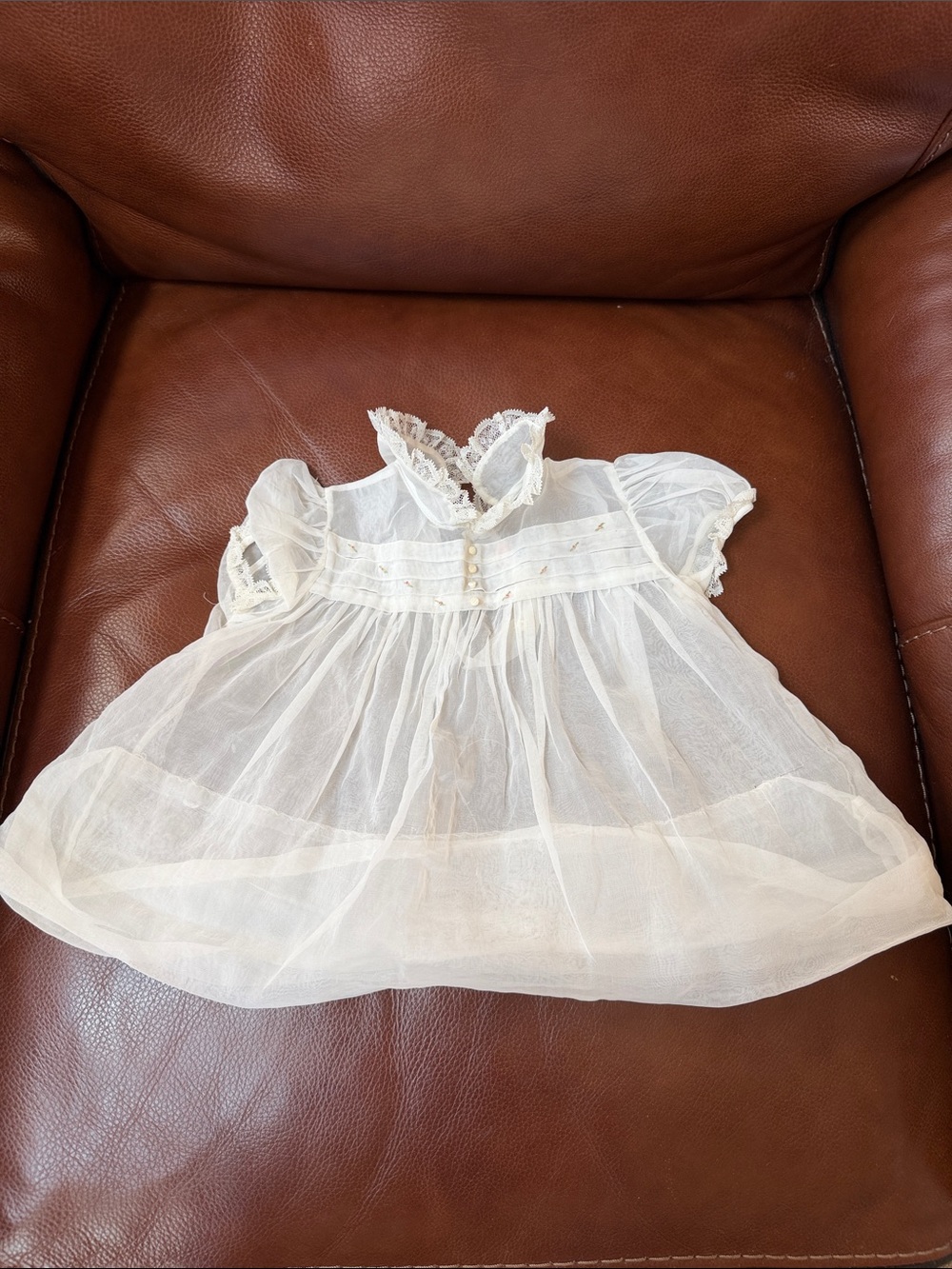 1950’s Vintage Sheer White Infant Dress with Lace Trim